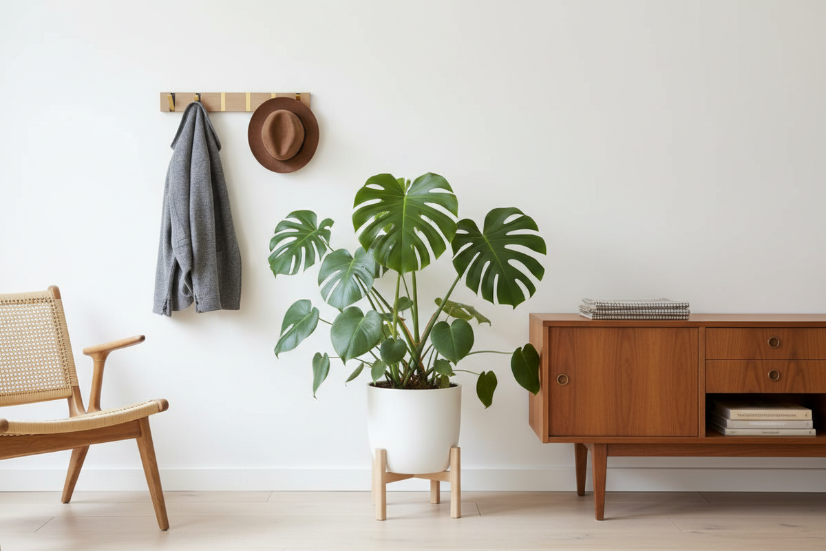 KNAX 6 coat rack in oiled oak with brass hooks mounted on a white wall, styled with a grey jacket and hat in a Scandinavian living room setting